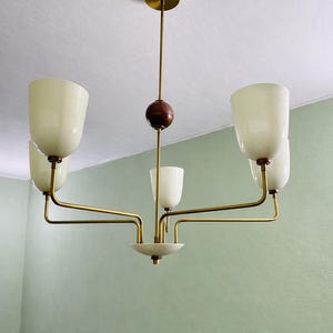 Mid-Century Modern Brass Chandelier Shades & Wooden Accent image 7