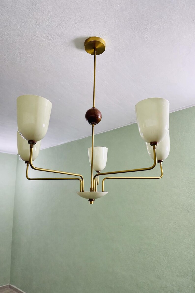Mid-Century Modern Brass Chandelier Shades & Wooden Accent image 7