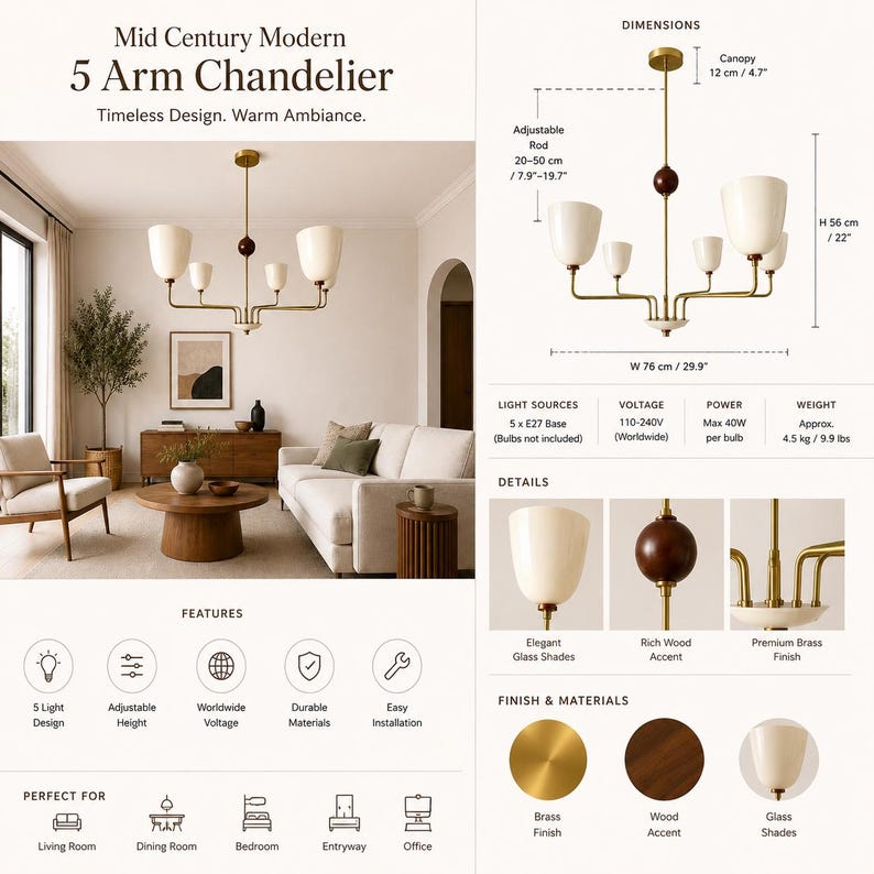 Mid-Century Modern Brass Chandelier Shades & Wooden Accent image 10