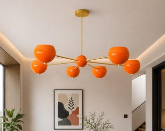 Orange Eyeball Shade Sputnik Chandelier – Mid Century Brass 6-Light Ceiling Fixture