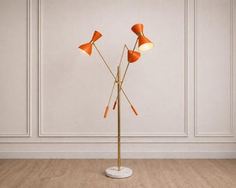 Lámpara de pie moderna de latón con pantallas naranjas, lámpara de pie multibrazo de mediados de siglo, lámpara de pie retro ajustable, iluminación llamativa