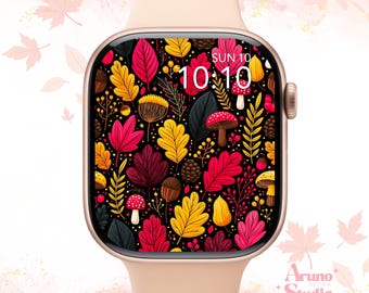 Fall Leaves Pattern Apple Watch Wallpaper: Autumn Forest Watch Face, Botanical Digital Download