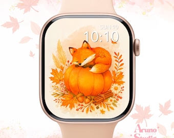 Cozy Autumn Fox Apple Watch Wallpaper: Fall Pumpkin Watch Face, Woodland Decor Digital Download