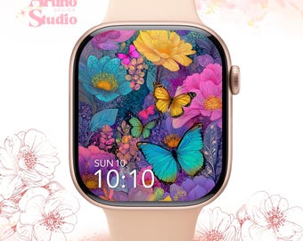 Fondo de pantalla de mariposas coloridas para Apple Watch: esfera floral vibrante, descarga digital de fantasía.