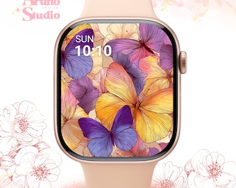 Fondo de pantalla de mariposas pastel para Apple Watch: Esfera de reloj primaveral, descarga digital para amantes de la naturaleza.