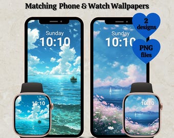 Paquete de fondos de pantalla digitales de verano costero: Esferas para Apple Watch, fondos para iPhone, conjunto a juego (2 diseños)