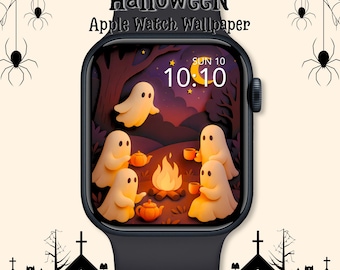 Halloween Apple Watch Wallpaper: Kawaii Ghost Campfire Night, Spooky Season (Digital Download)