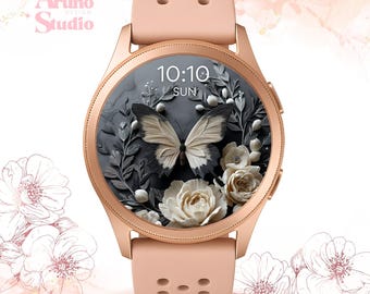 Fondo de pantalla monocromático de mariposa para Samsung Galaxy Watch: Estética minimalista floral negra (Descarga digital)