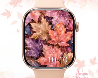 Pastel Maple leaf Apple Watch Wallpaper: Luxury Autumn Watch Face, Sparkling Fall Background (Digital Download)