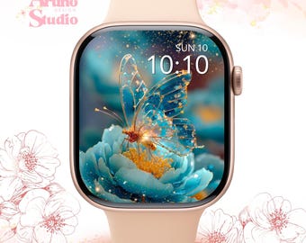 Fondo de pantalla de mariposa de cristal para Apple Watch: esfera floral primaveral, descarga digital con brillo.