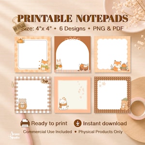 May include: Six square printable notepads measuring 4 inches by 4 inches, featuring autumn-themed illustrations of foxes, a rabbit, a cat, and bears with pumpkins, leaves, and cosy scarves, presented in various brown and orange patterns.