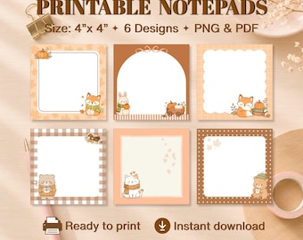 Woodland Animal Notepad Printable Bundle | Autumn Memo Pad | Kawaii Stationery | Digital Download PNG PDF
