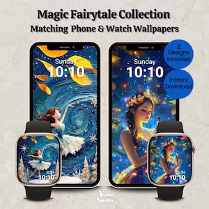Lot de papiers peints numériques princesse conte de fées : cadrans Apple Watch, arrière-plans d'iPhone, ensemble assorti (2 modèles)