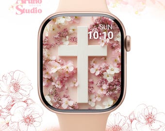 Fondo de pantalla de Apple Watch con cruz cristiana: esfera de reloj floral rosa, descarga digital religiosa de Pascua.