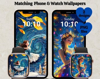 Paquete de fondos de pantalla digitales de princesas de cuento de hadas: Esferas para Apple Watch, fondos para iPhone, conjunto a juego (2 diseños)