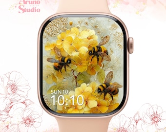 Yellow Hydrangea Apple Watch Wallpaper: Bee Floral Watch Face, Watercolor Art Digital Download