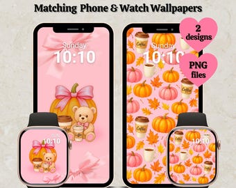 Paquete de fondos de pantalla digitales de café y calabaza otoñal: esferas para Apple Watch, fondos para iPhone, conjunto a juego.