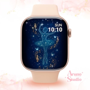 May include: A rose gold smartwatch with a digital display featuring a ballerina silhouette, musical notes, and butterflies against a dark blue starry background. The time is displayed as 10:10 on Sunday.