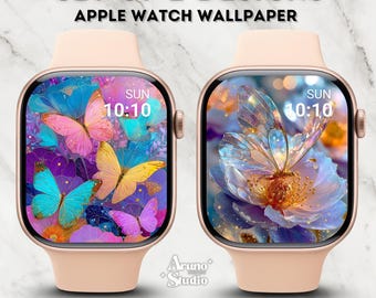 Fondo de pantalla de mariposas florales para Apple Watch: Conjunto de 2 diseños, descarga digital de fantasía.
