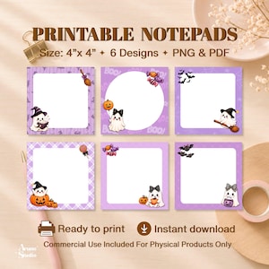 Bloc de notas imprimible con diseño de fantasmas de Halloween / Papelería en tonos morados pastel / Descarga digital PNG PDF