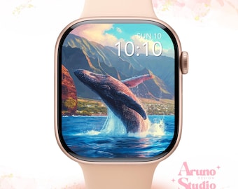Sfondo per Apple Watch con balene e oceano: quadrante estivo, arte costiera (download digitale)