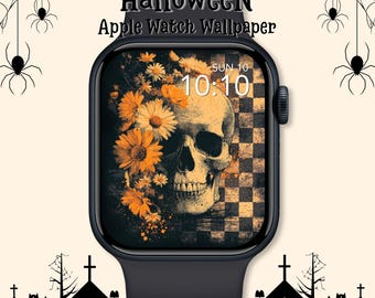 Floral Skull Apple Watch Wallpaper: Vintage Halloween Watch Face, Gothic Digital Download