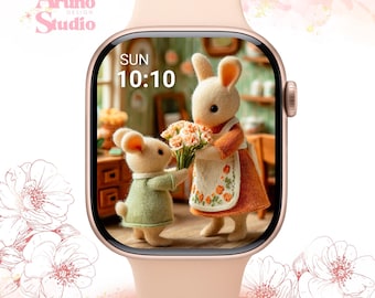Fondo de pantalla de Apple Watch con conejito adorable: ilustración de madre e hijo, descarga digital estilo cottagecore.