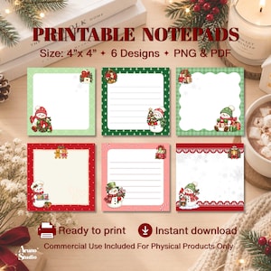 May include: Six printable square notepads measuring 4 inches by 4 inches, featuring Christmas-themed illustrations of snowmen, gingerbread figures, and gifts on backgrounds of green, red, and pink with various borders and line patterns.