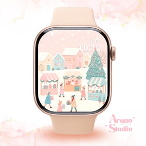 Pastel Christmas Village Apple Watch Wallpaper: Festive Holiday Winter Watch Face Digital Download