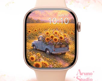 Fondo de pantalla para Apple Watch con diseño de jardín de girasoles: esfera floral, descarga digital de verano.
