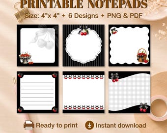 Coquette Cherry Notepad Printable | Black Cherry Memo Pad | Kawaii Stationery | Digital Download PNG PDF
