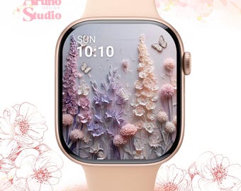 Fondo de pantalla floral en tonos pastel para Apple Watch: Esfera de reloj primaveral, arte digital botánico para descargar
