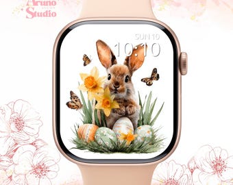 Easter Bunny Apple Watch Wallpaper: Neutral Floral Watch Face, Watercolor Painting Digital Download