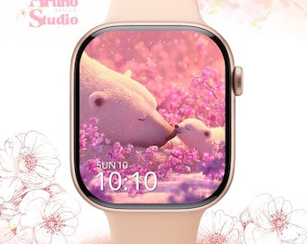 Fondo de pantalla floral con diseño de osezno para Apple Watch: Esfera para el Día de la Madre, Flor Rosa (Descarga digital)