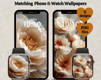 Paquete de fondos de pantalla digitales florales neutros: Esferas para Apple Watch, fondos para iPhone, conjunto a juego (2 diseños)