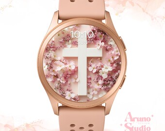 Fondo de pantalla de cruz floral para Samsung Galaxy Watch: flor rosa, fondo digital cristiano PNG/JPG