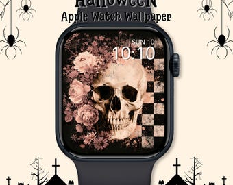 Floral Skull Apple Watch Wallpaper: Pink Gothic Watch Face, Halloween Digital Download