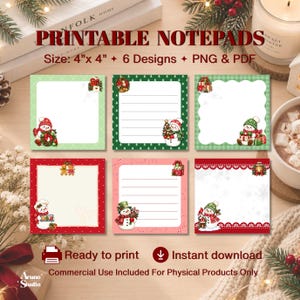 Christmas Snowman Notepad Template | 6 Printable Holiday Sticky Notes | 4x4 Digital Download PNG PDF