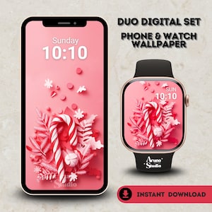 May include: A digital duo set featuring a phone and watch wallpaper. The phone displays a pink background with a candy cane and floral design. The watch face mirrors the design. The text on the phone reads "Sunday 10:10".