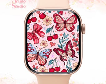 Coquette Girly Apple Watch Wallpaper: Butterfly & Cherry Blossom Watch Face Background (Digital Download)