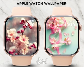 Fondo de pantalla de flores de cerezo para Apple Watch: Conjunto de 2 diseños, descarga digital floral rosa.