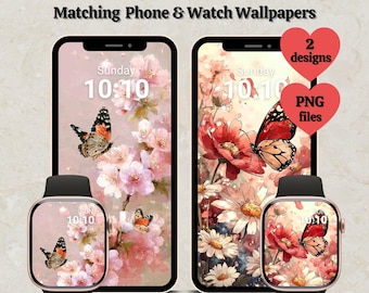 Paquete de fondos de pantalla digitales de mariposas y flores: Esferas para Apple Watch, fondos para iPhone, conjunto a juego (2 diseños)