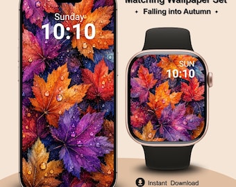 Fall Maple Leaves Matching Wallpaper Set for iPhone, Android, Apple Watch Bundle (Digital Download)