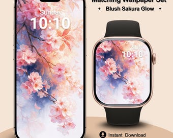 Cherry Blossom Matching Wallpaper Set for iPhone, Android, Apple Watch Bundle (Digital Download)