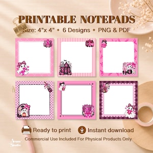 Puede incluir: Seis blocs de notas imprimibles cuadrados de 10,16 cm por 10,16 cm, con diseños en rosa y negro que incluyen lazos de concienciación sobre el cáncer de mama, fantasmas, calabazas y casas encantadas en formatos PNG y PDF.