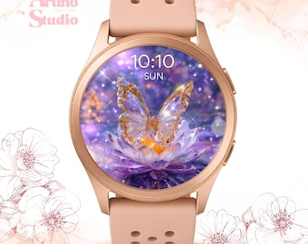Fondo de pantalla de mariposa de cristal para Samsung Galaxy Watch: esfera morada, descarga digital con brillo.