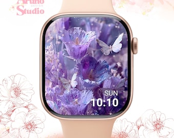Fondo de pantalla floral morado para Apple Watch: Esfera de reloj primaveral, arte digital botánico para descargar