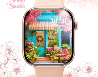Fondo de pantalla para Apple Watch de una floristería de primavera: esfera floral, estilo cottagecore (descarga digital)