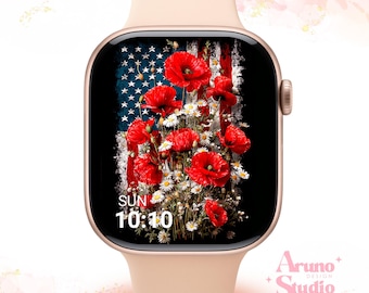Fondo de pantalla para Apple Watch con la bandera estadounidense: Esfera de reloj con amapolas rojas, descarga digital de primavera vintage.