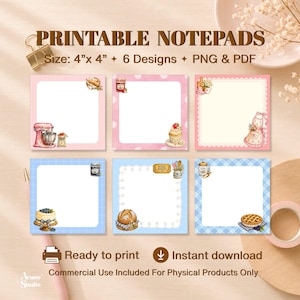 May include: Six square printable notepads measuring 4 inches by 4 inches, featuring various kitchen-themed illustrations including a pink mixer, cupcakes, aprons, blueberry cakes, bread, and pies, presented in pink and blue patterns.